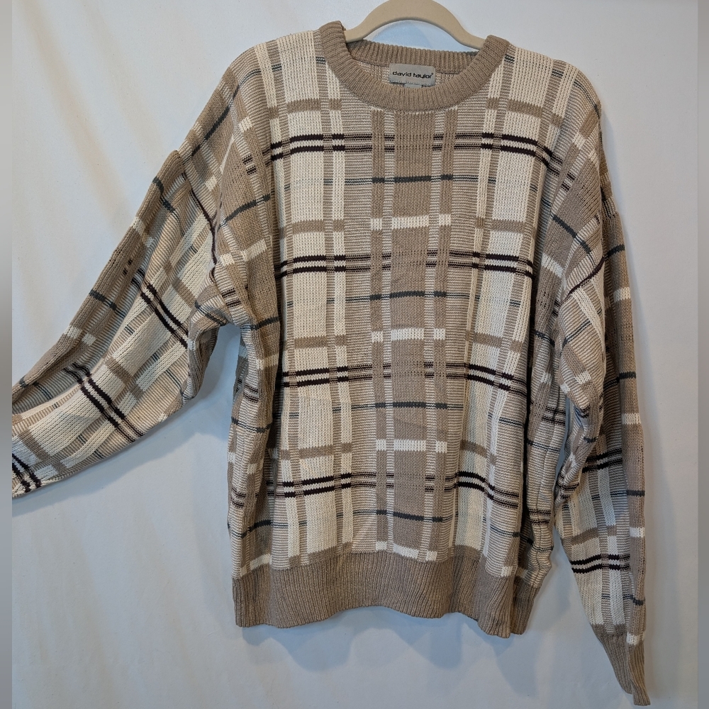 Vintage David Taylor Beige Plaid Crewneck Sweater XL 46-48 Grandpa knit